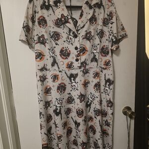 Sourpuss Beige Halloween Moon & Cat Midi Dress with Black and Orange Print